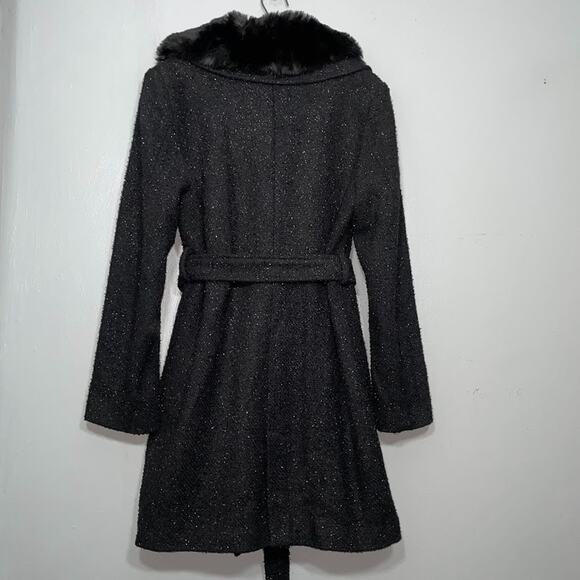 Black Metallic Sparkle Belt Jacket Size 12 Tweed Coat Faux Fur Collar Whimsigoth - Picture 7 of 16